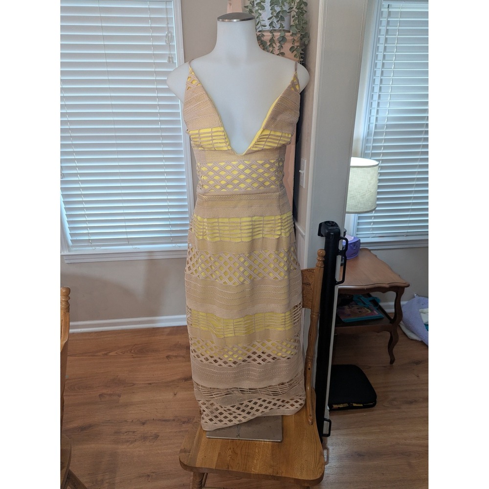 ASOS Tall Lattice Crochet Midi Dress Womens 12 Yellow Beige V-Neck NWT Summer - Picture 2 of 9